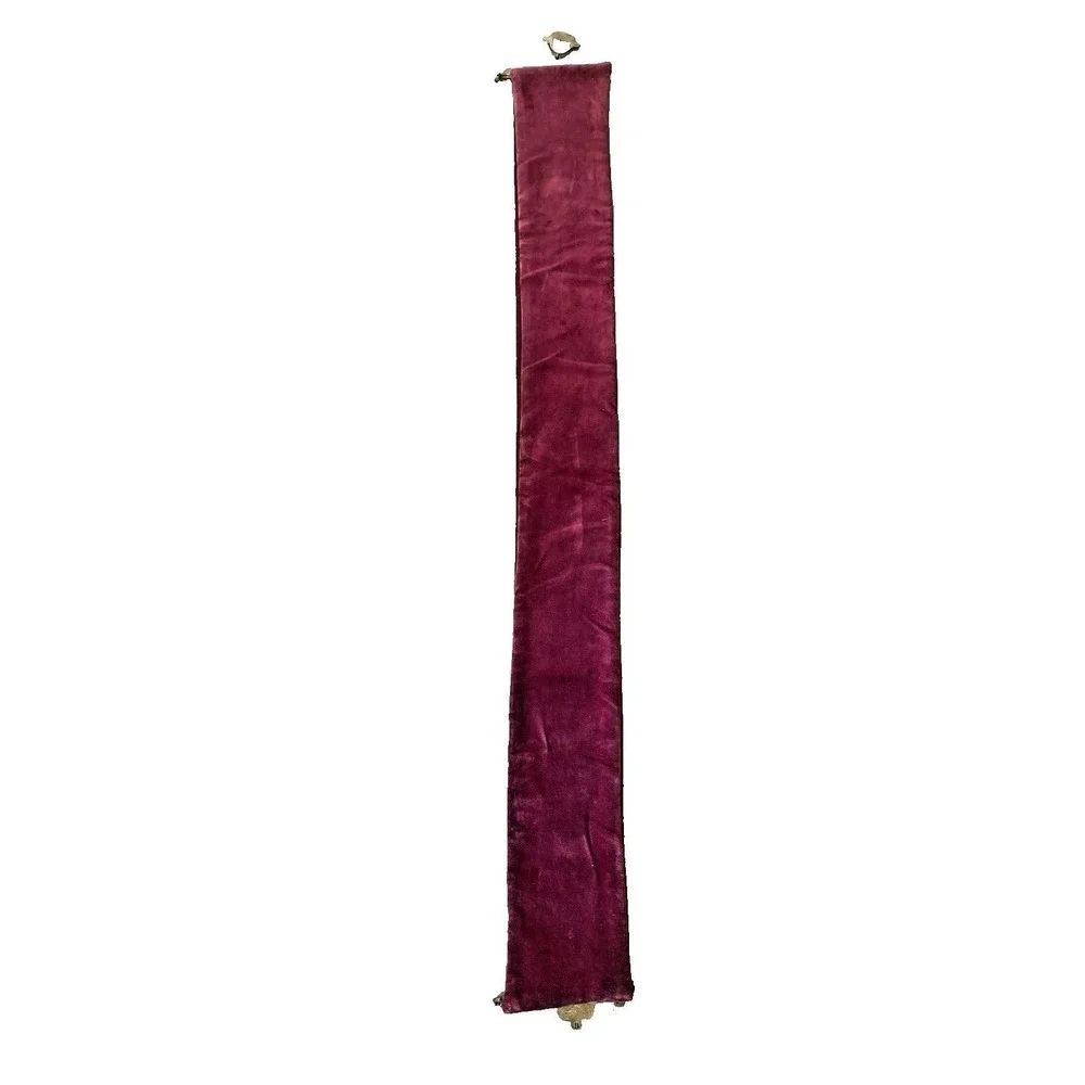 Vtg Burgundy Needlepoint Tapestry Ornate Brass Bell Pull Wall Hanging 63